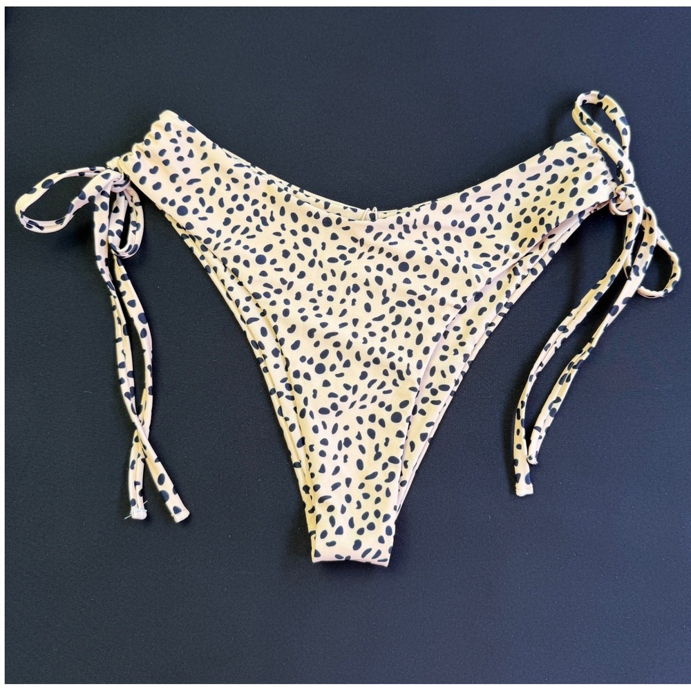 Zaful Small 4 Bikini Set Tan Black Cheetah Print Ruched Crop Top Side Tie Resort - Picture 5 of 11